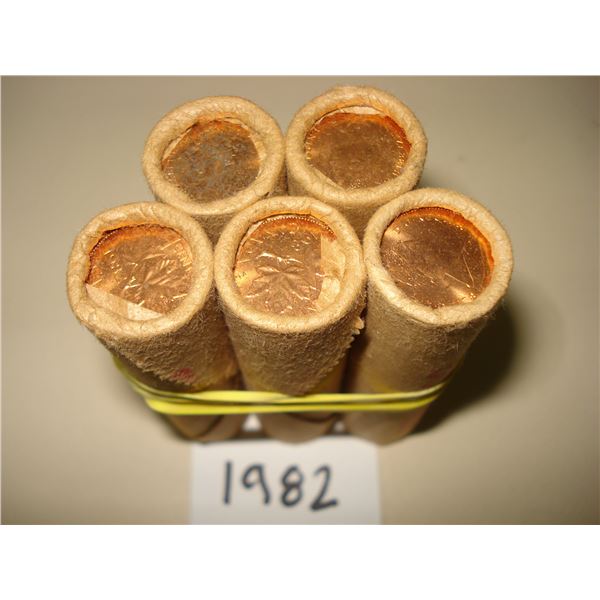 5 x 1982 Canada 1¢ Rolls, 250 Red BU Coins