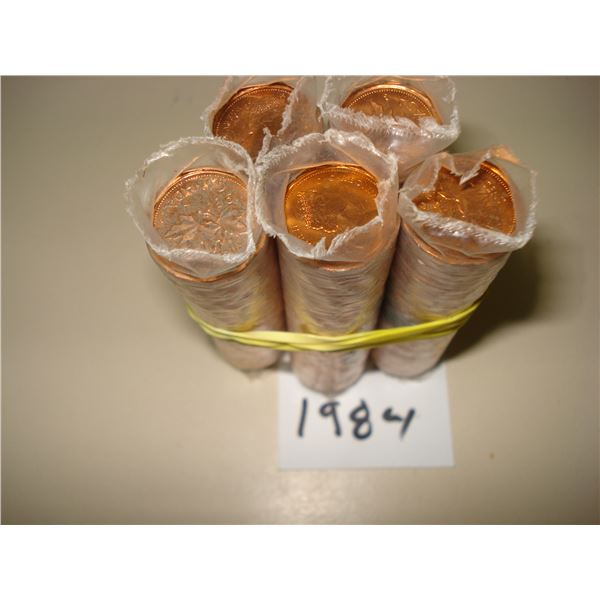 5 x 1984 Canada 1¢ Rolls, 250 Red BU Coins