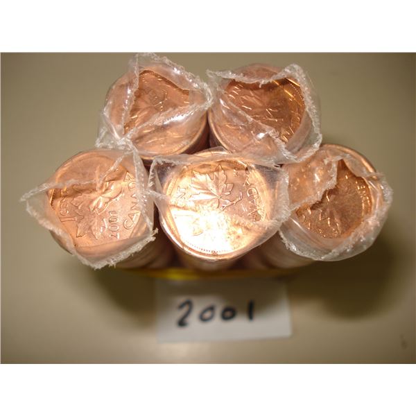 5 x 2001 Canada 1¢ Roll of 250 Red BU Coins
