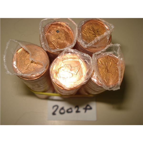 5 x 2002P Canada 1¢ Roll of 250 Red BU Coins