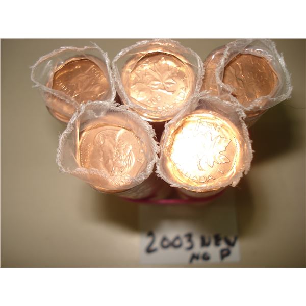 5 x 2003 no P New Effigy Canada 1¢ Roll of 250 Red BU Coins