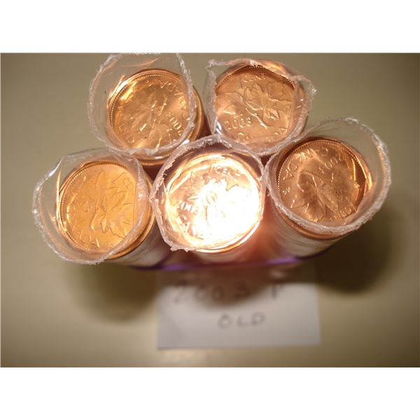 5 x 2003 P, Old Effigy Canada 1¢ Roll of 250 Red BU Coins