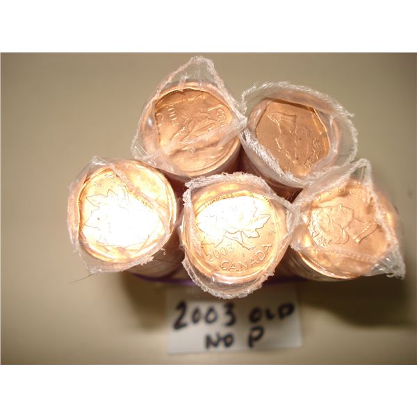 5 x 2003 no P, Old Effigy Canada 1¢ Roll of 250 Red BU Coins