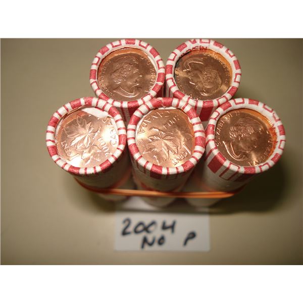 5 x 2004 no P Canada 1¢ Roll of 250 Red BU Coins