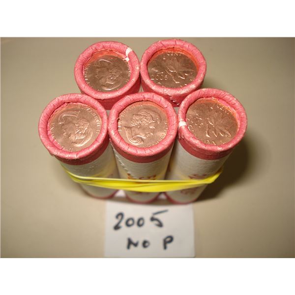 5 x 2005 no P New Effigy Canada 1¢ Roll of 250 Red BU Coins