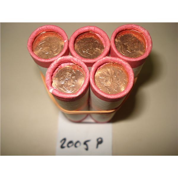 5 x 2005P Canada 1¢ Roll of 250 Red BU Coins