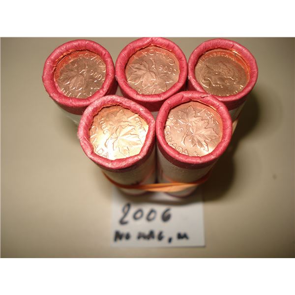 5 x 2006 non mag, no mark, Canada 1¢ Roll of 250 Red BU Coins