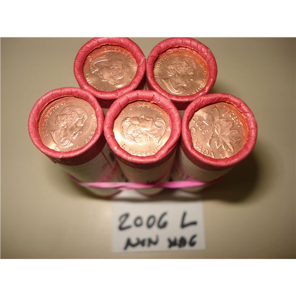 5 x 2006 Logo, non mag, Canada 1¢ Roll of 250 Red BU Coins