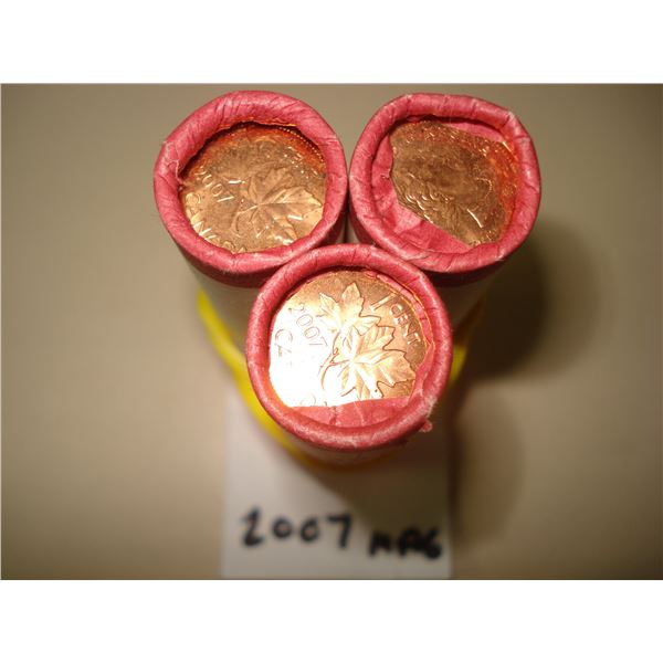 3 x 2007 Magnetic, Canada 1¢ Roll of 150 Red BU Coins