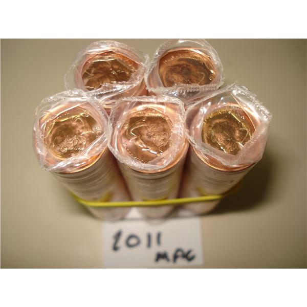 5 x 2011 Canada 1¢ Magnetic Roll of 250 Red BU Coins