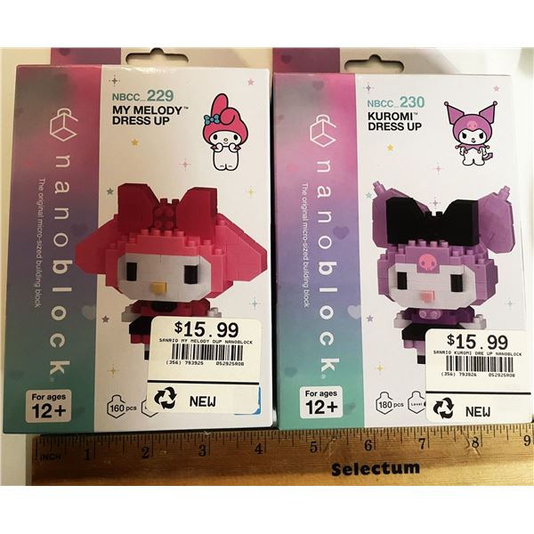 Nanoblock Sanrio character building kits,  My Melody and Kuromi "Dress Up" editions