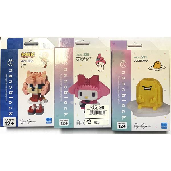 Sanrio Nanoblock building kits from the Character Collection Series, featuring popular characters li
