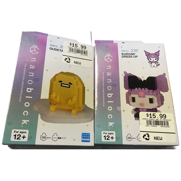 Nanoblock Sanrio character building sets featuring Gudetama and Kuromi