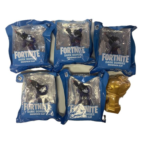 FIVE Fortnite Dark Bomber Backpack Clips AND Fortnite Mythic Goldfish accessory set
