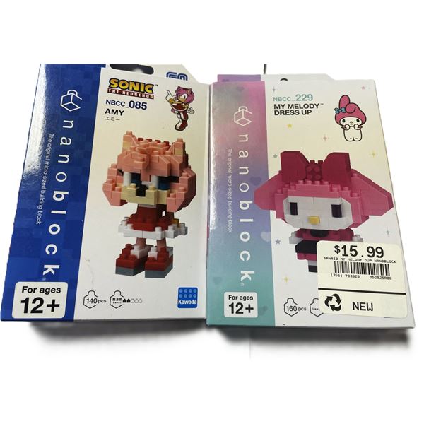 Nanoblock mini-collection building kits featuring Sonic the Hedgehog's Amy Rose and Sanrio's My Melo