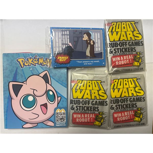 1999 Blockbuster Pokémon Snap Jigglypuff Smart Card alongside a rare full box of three 1985 Fleer Ro