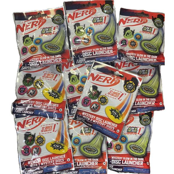 TEN Surprise bags, Nerf Glow in the Dark Mystery Disc Launchers