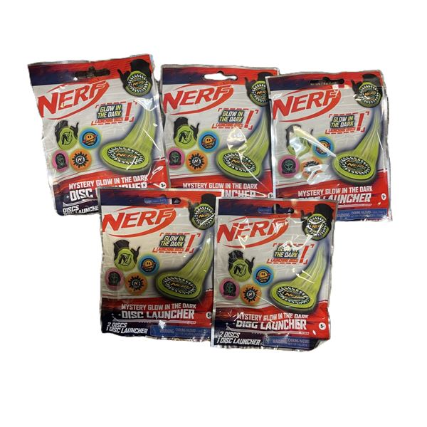 FIVE Surprise bags, Nerf Glow in the Dark Mystery Disc Launchers