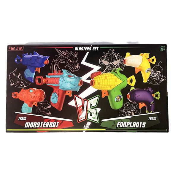 TEAM MONSTERBOTS VS. FUNPLANTS BLASTERS SET, 6 DIFFERENT BLASTERS