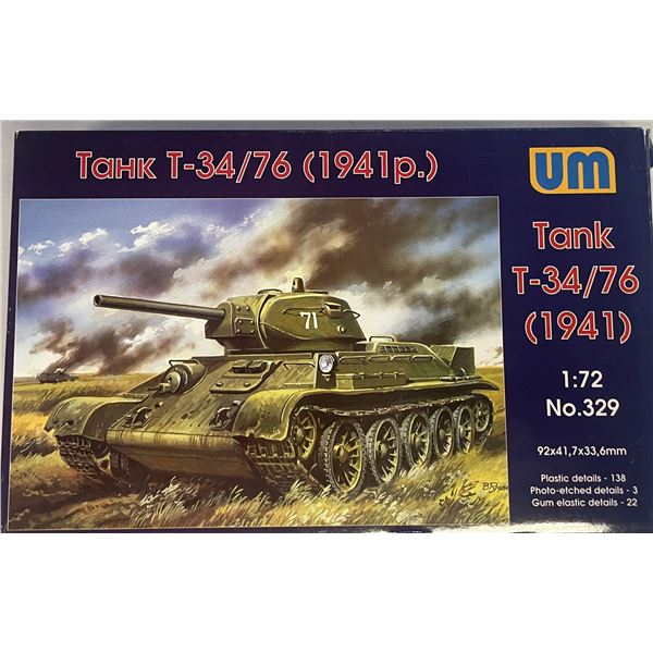 Unimodel (UM) 1:72 scale plastic model kit of the Soviet T-34/76 tank, Model 1941