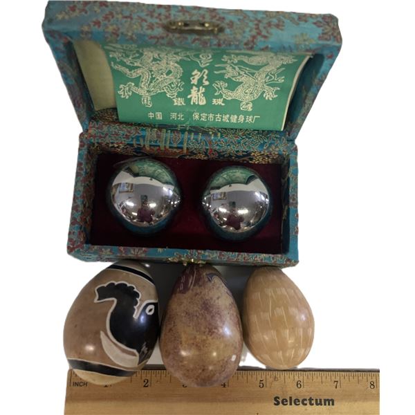Chinese Baoding balls in case And Three Rock Eggs
