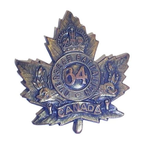 Canadian Expeditionary Force cap badge from the 64th Battalion of the First World War