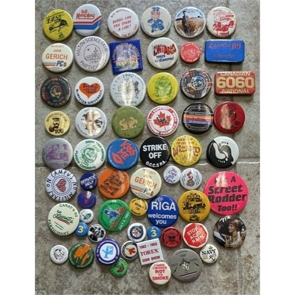 bag of vintage pinback buttons, from the 1970s to 1990s