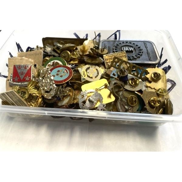 Container of pins, cap pins and shoulder titles