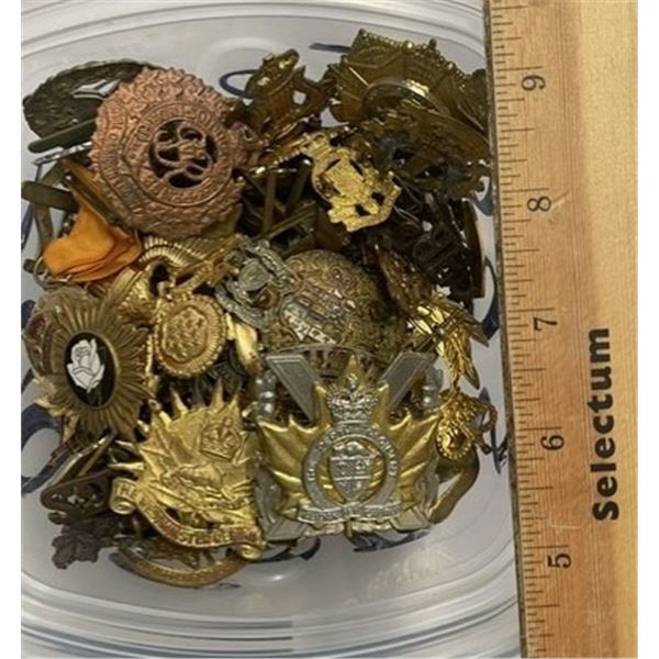 Canadian militaria, including various cap badges and sweetheart pins.