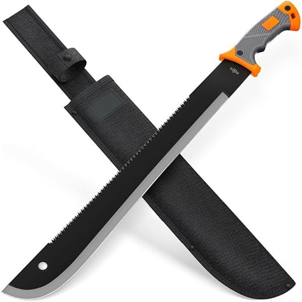 Grand Way 13153A machete featuring an 18.5-inch serrated stainless steel blade
