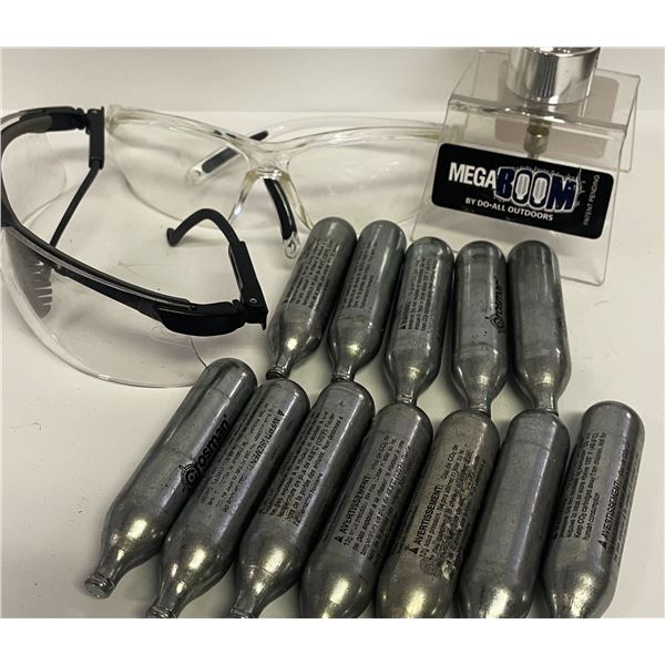12-gram CO2 cylinders , Mega Boom cylinders and two pairs of safety glasses
