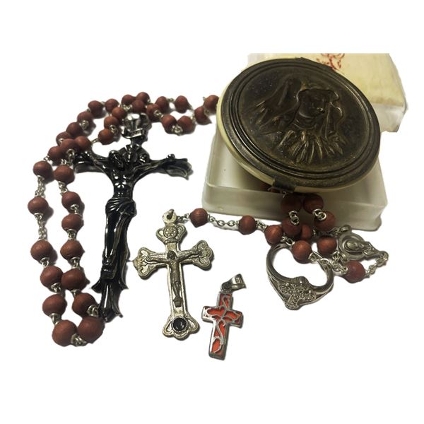 Christian Items, Rosary,  Crosses and box,  adjustable ring
