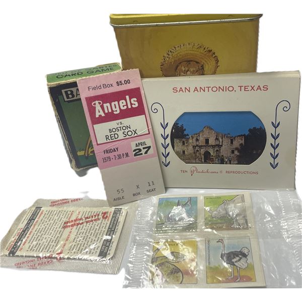 Collectible Ephemera in Tin Including 1979 Angels vs. Red Sox ticket stub