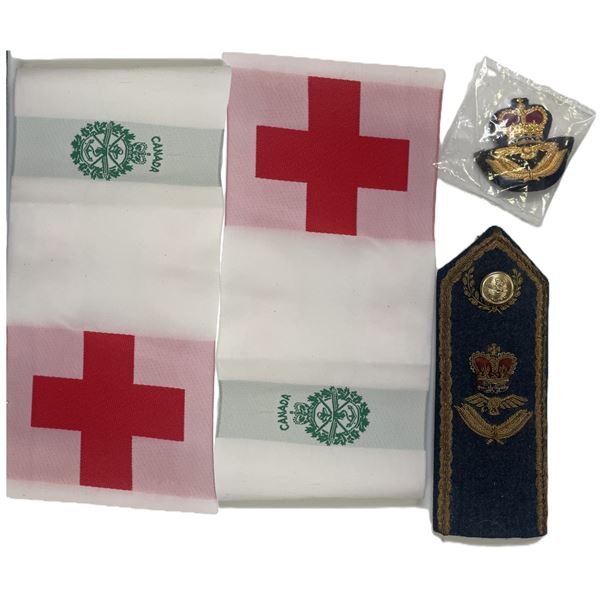TWO  CFMS Medical Service brassard armbands, British Royal Navy Badge, RCAF cap badge
