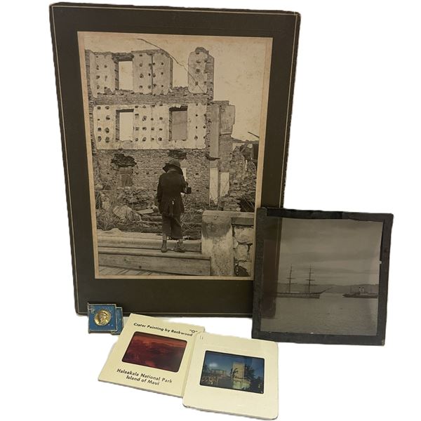 B&W Photograph of woman in ruins,  Glass Negative,  two slides & Ernst Thälmann Pioneer Organizatio