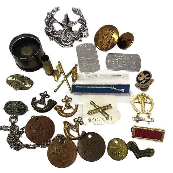 Vintage United States military pins, badges, ordinance, bullet, dog tags