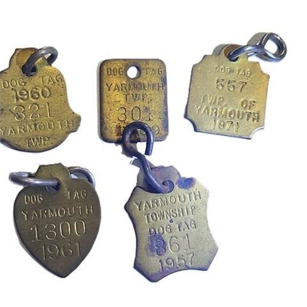 vintage metal dog license tax tags from various townships, dating from the 1950s and 1960s.