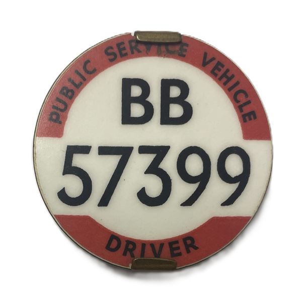 British Public Service Vehicle (PSV) driver's license badge, BB 57399