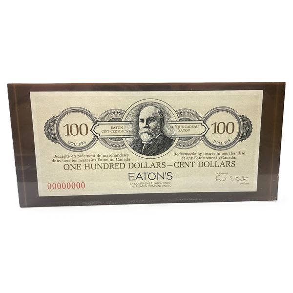Eaton's 100 Dollar Certificate encapsulated in resin