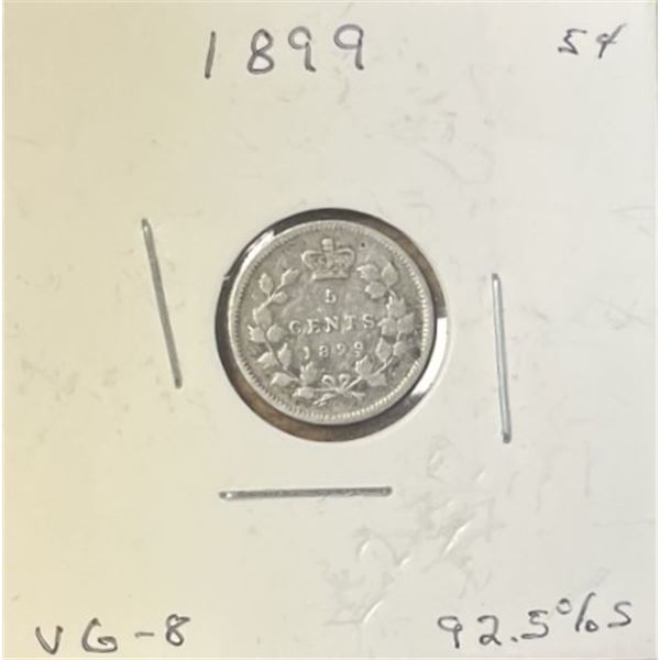 1899 Canadian 5 Cent Coin, VG-8, 92.5 Silver