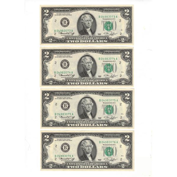 1976 - 4 x US $2 Sequential Banknotes UNC