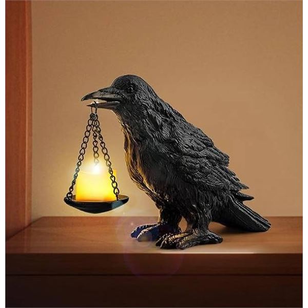 Resin Raven Wit Tea Light Holder Statue Black