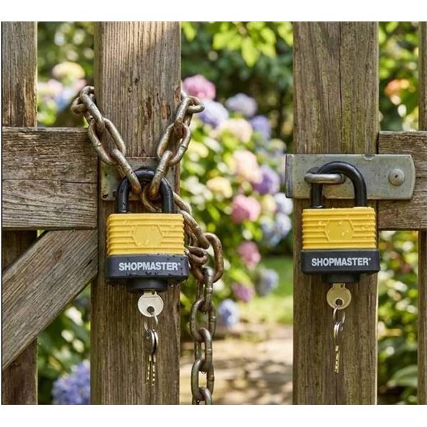 ShopMaster 1.5 Inch (40mm) Weather Resistant Laminated Steel Padlocks, Keyed Alike - 2 Pack