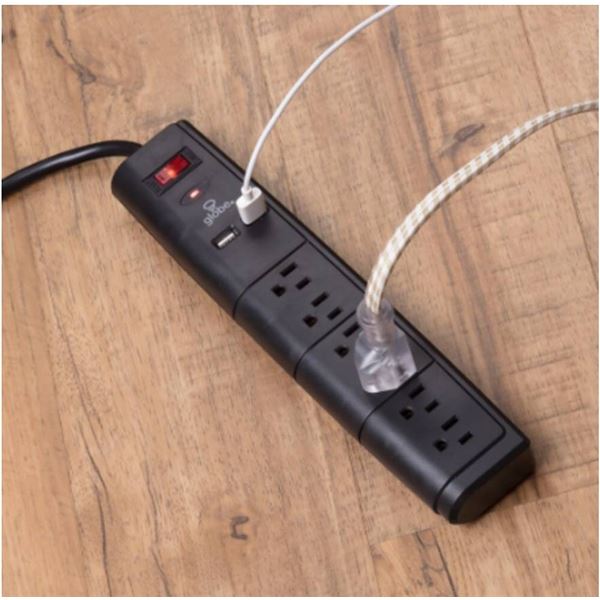 Globe Electric 6-Outlet Surge Protector Power Strip, 3-ft power cord, 2x USB Ports, Black Finish