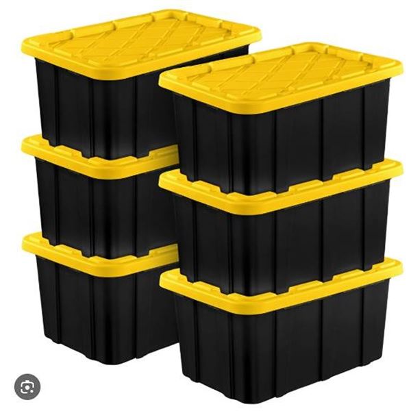 Lot of 6 - Black Storage Totes with yellow Lids