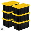Image 1 : Lot of 6 - Black Storage Totes with yellow Lids