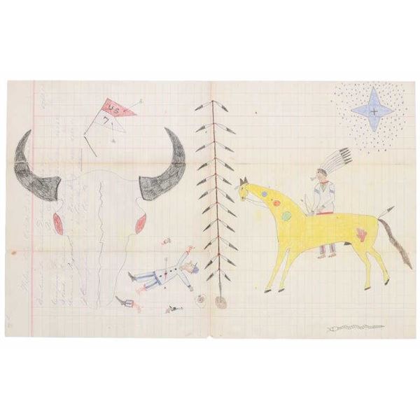 RARE 1890 Ghost Dance Plains Ledger US 7th Cavalry