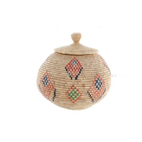 Yup'ik Eskimo Coiled Grass Basket w/Dyed Seal Gut