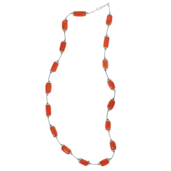 Southwestern Silver Red Branch Coral Necklace
