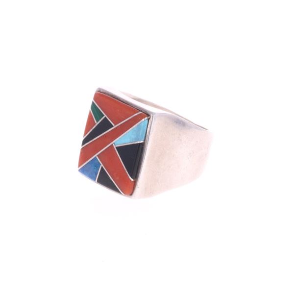Navajo Multistone Inlay Heavy Signed Ring ca. 1990